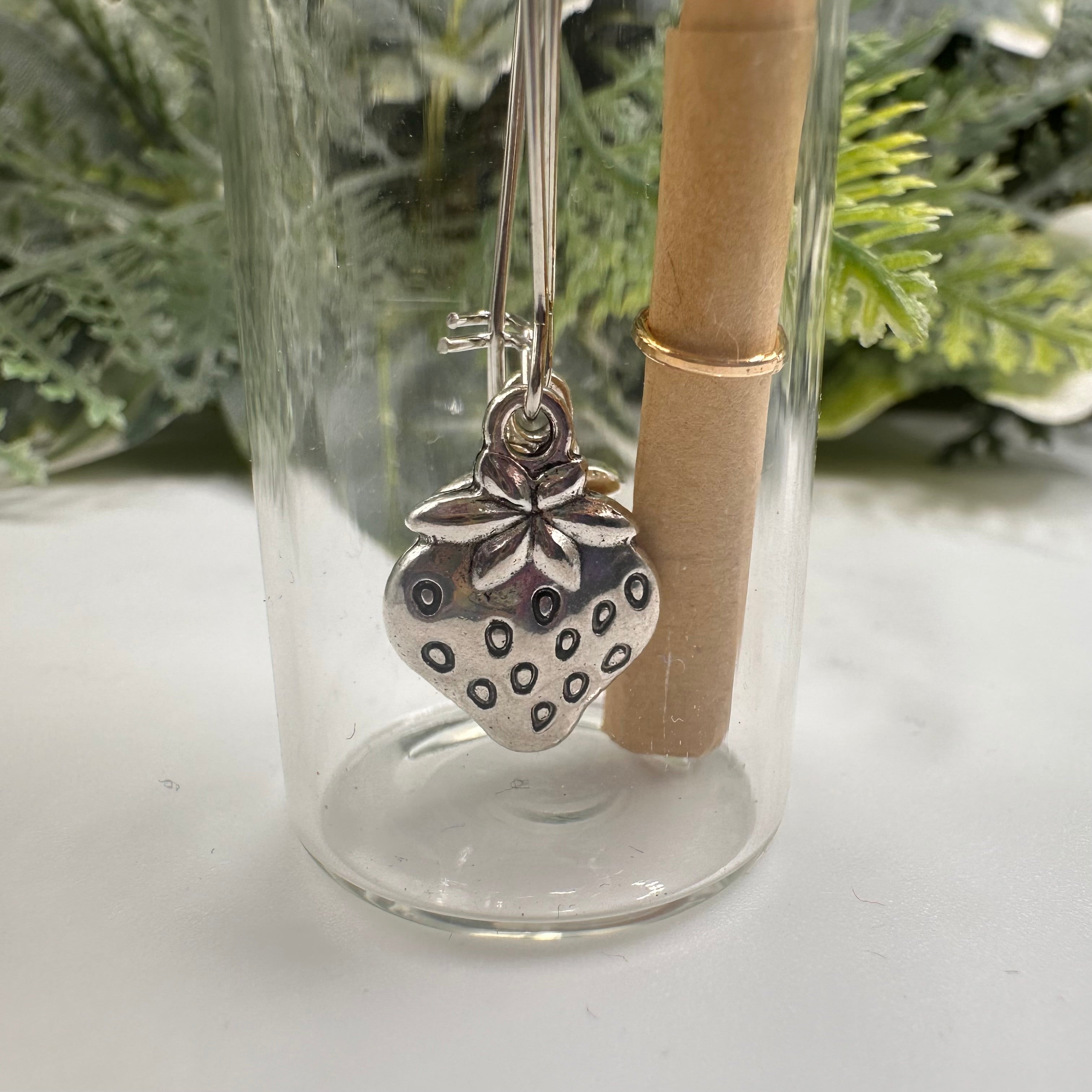 Silver Strawberry Bottled Charm Earrings