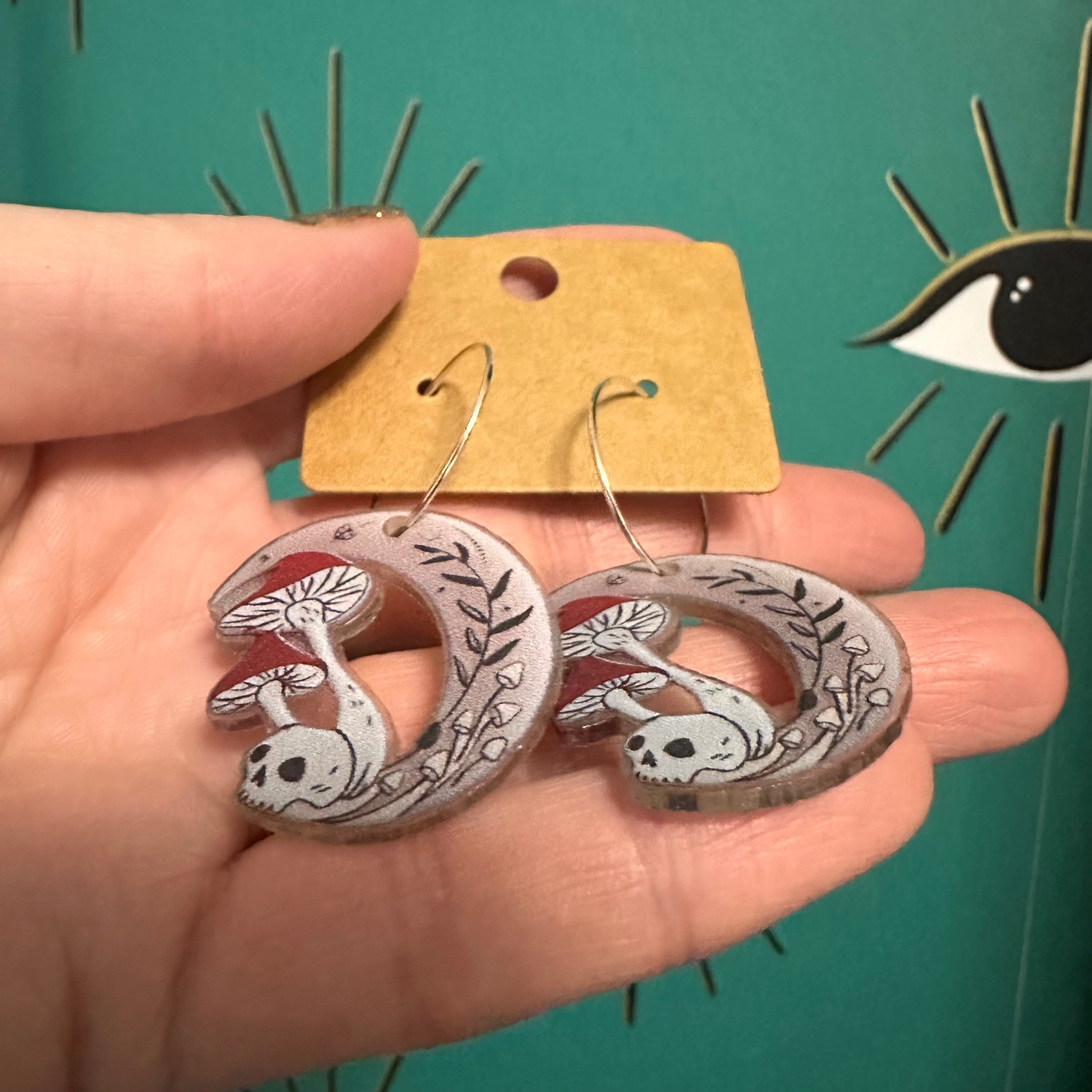 Skull and toadstool moon charm earrings — Rebel Aura handmade jewellery