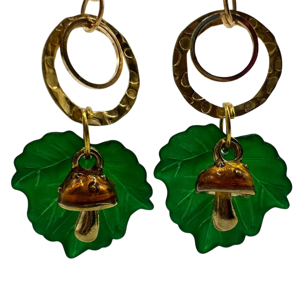 Enchanted Woodland Earrings – champagne gold-tone leaf and toadstool charm earrings
