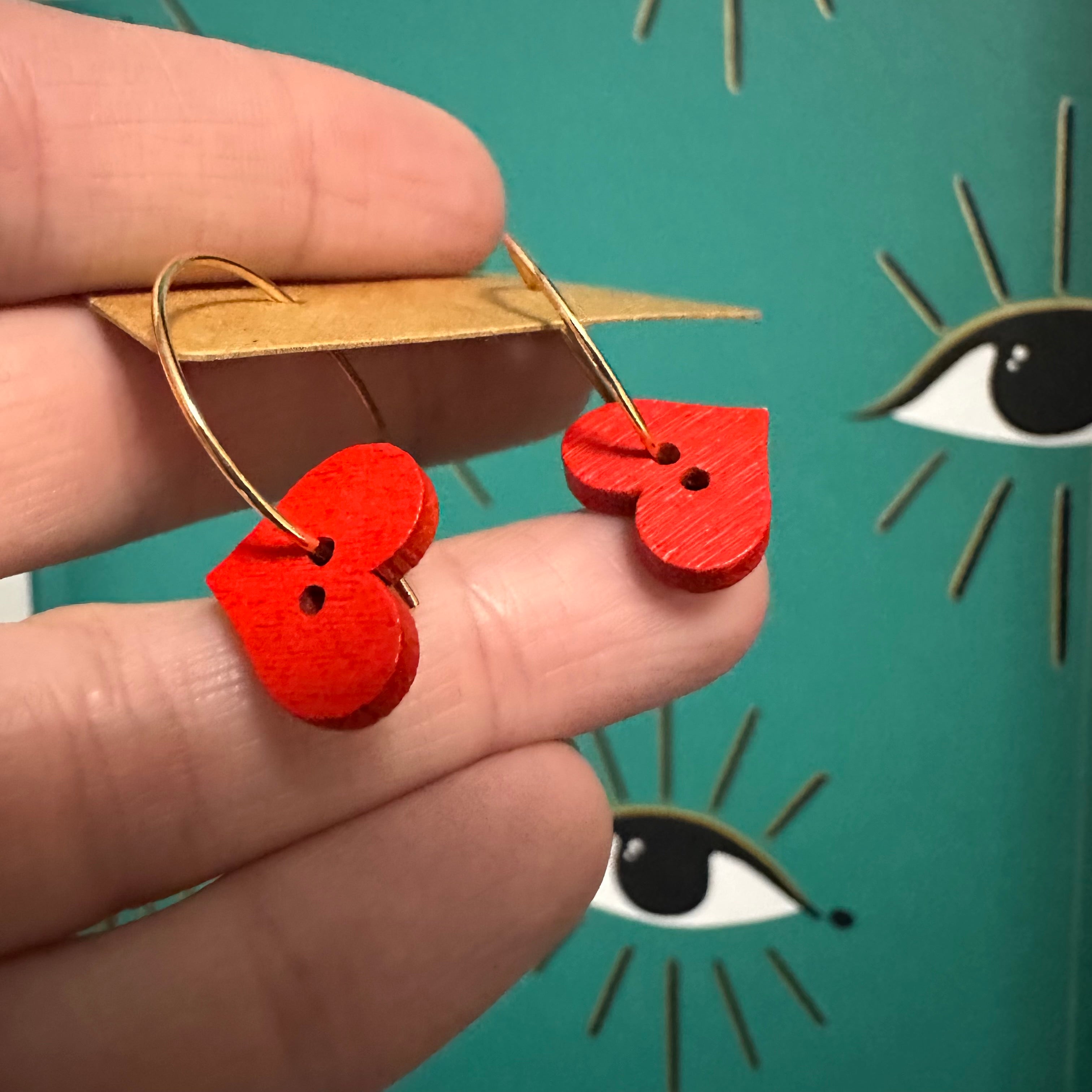 Red heart button charm earrings — Rebel Aura handmade jewellery