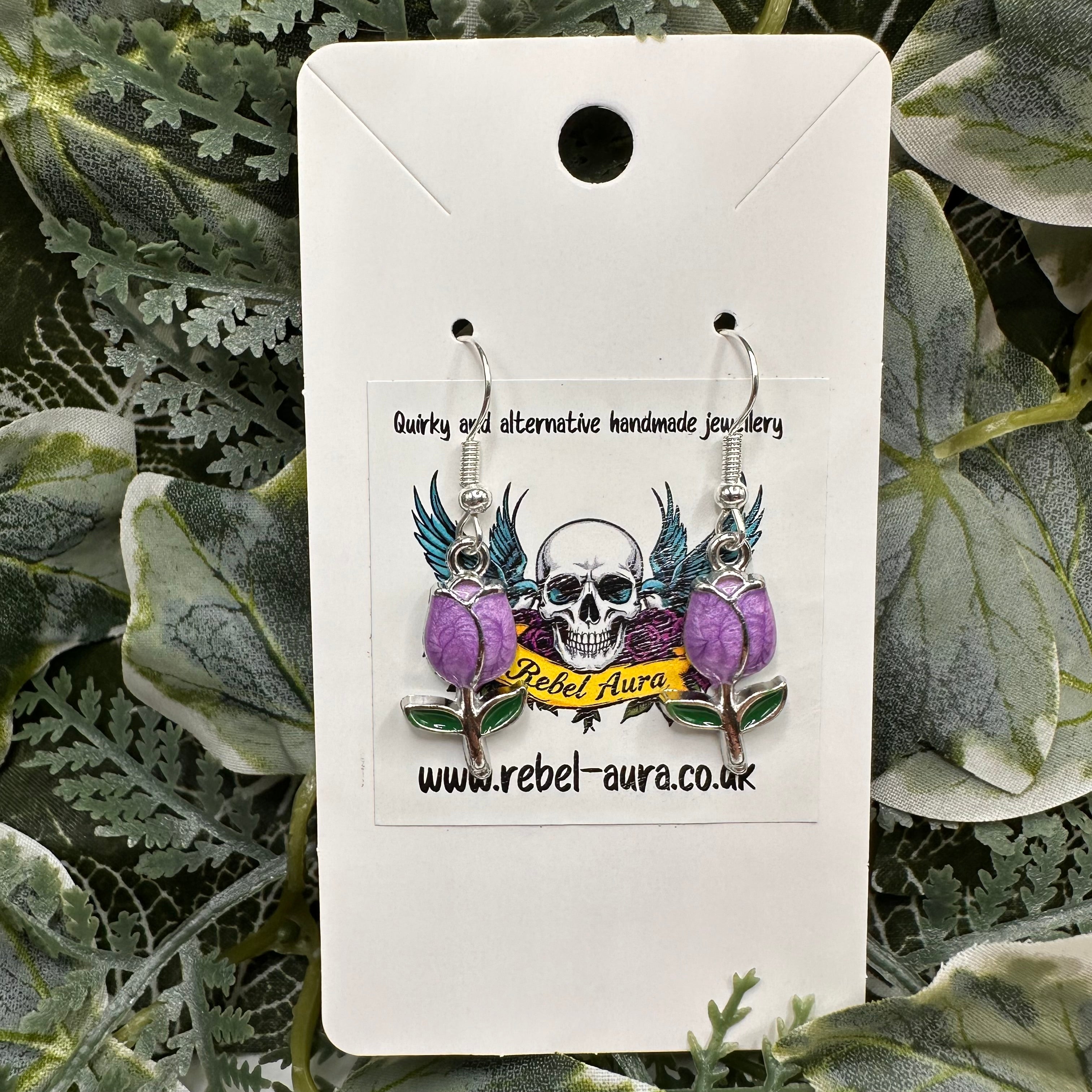 Purple & Silver Rose Charm Earrings