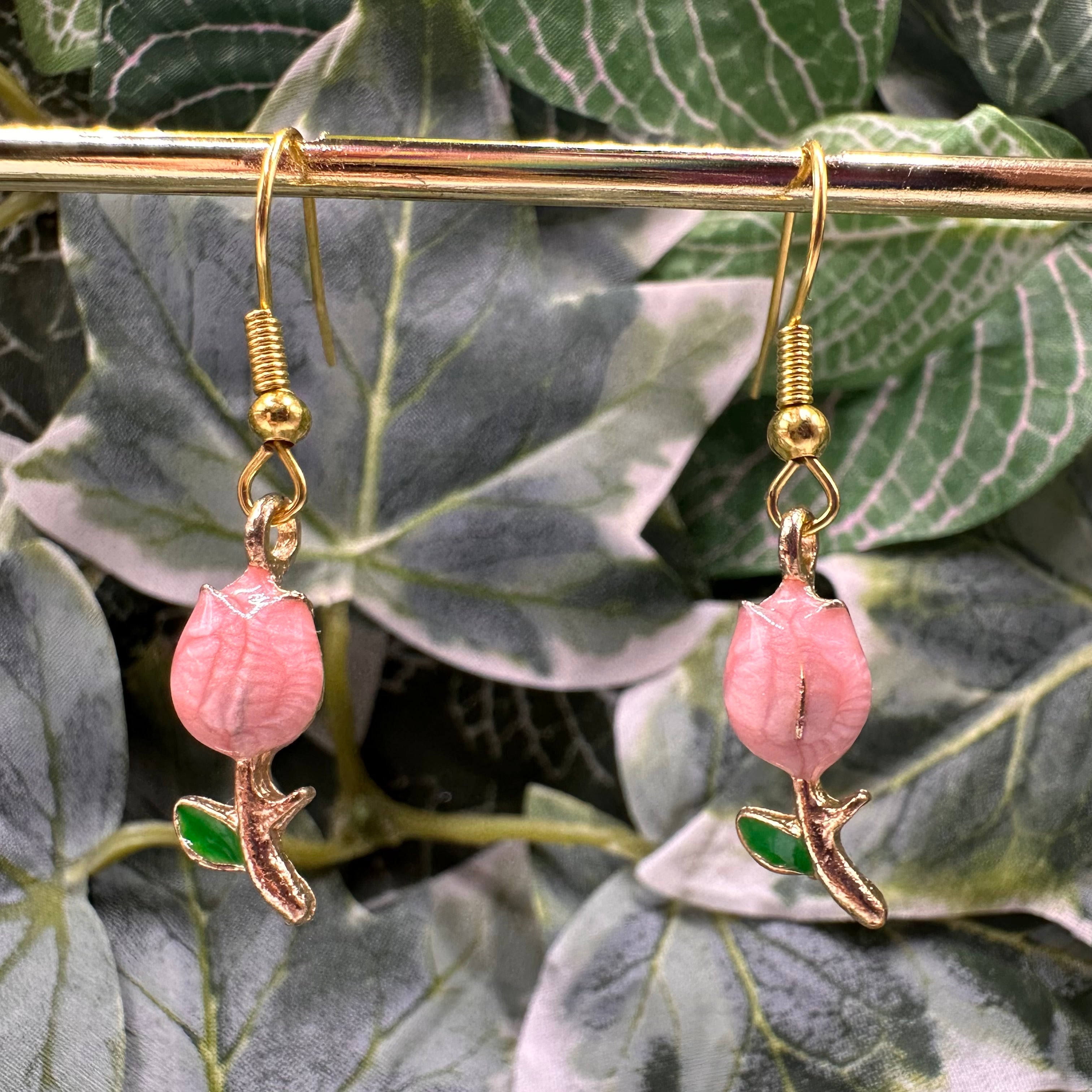 Pink & Gold Rose Charm Earrings