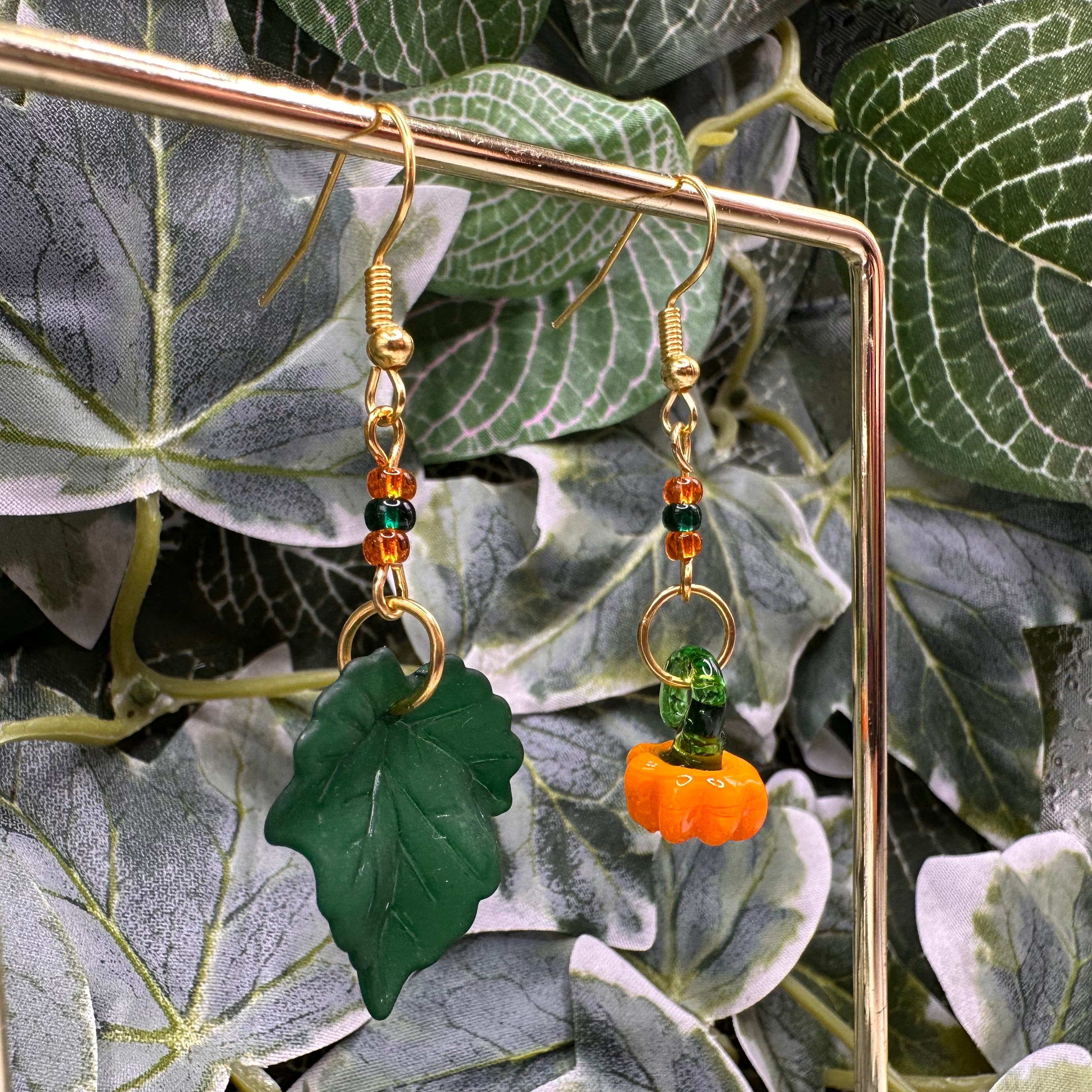 Glass Pumpkin & Green Leaf Beaded Charm Earrings