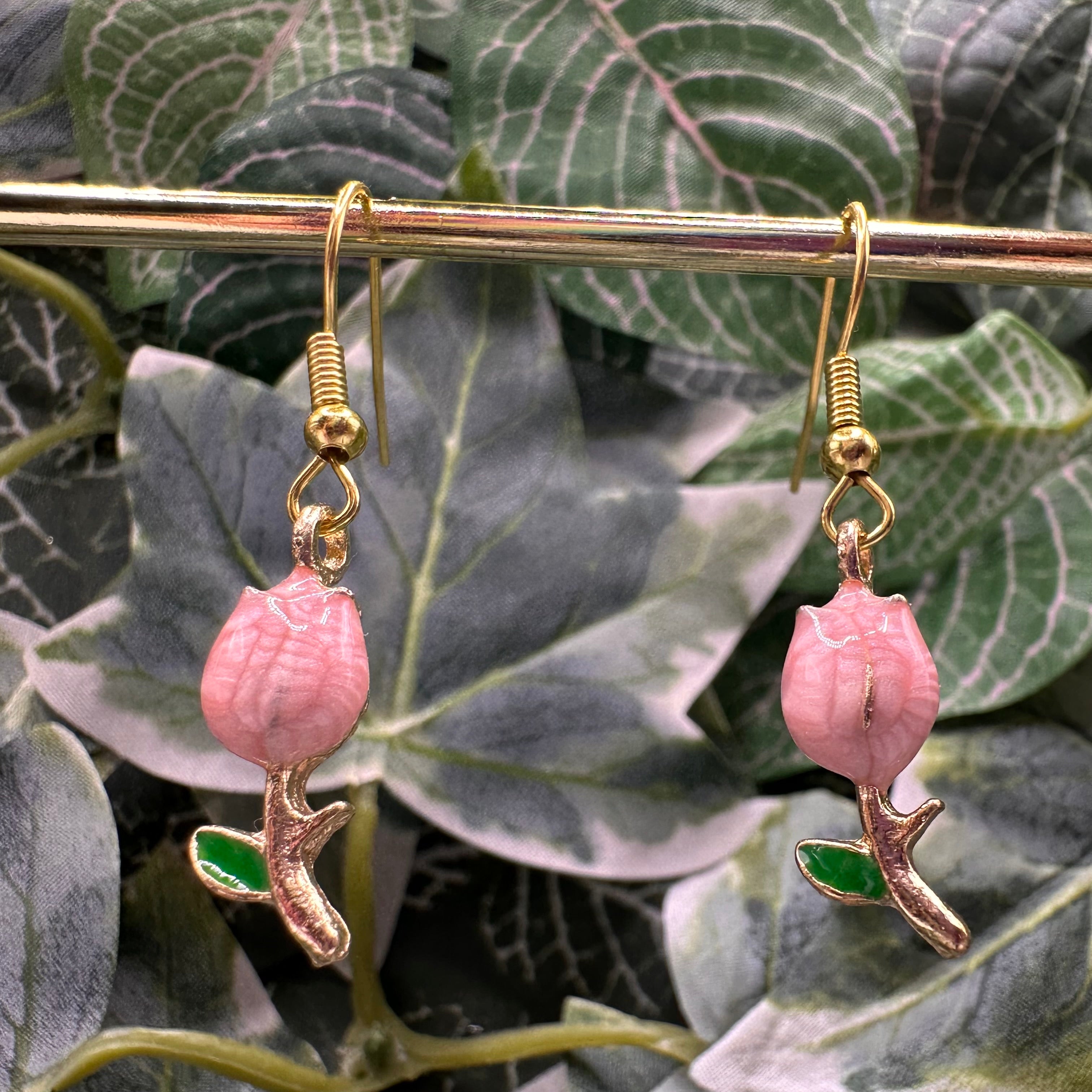 Pink & Gold Rose Charm Earrings