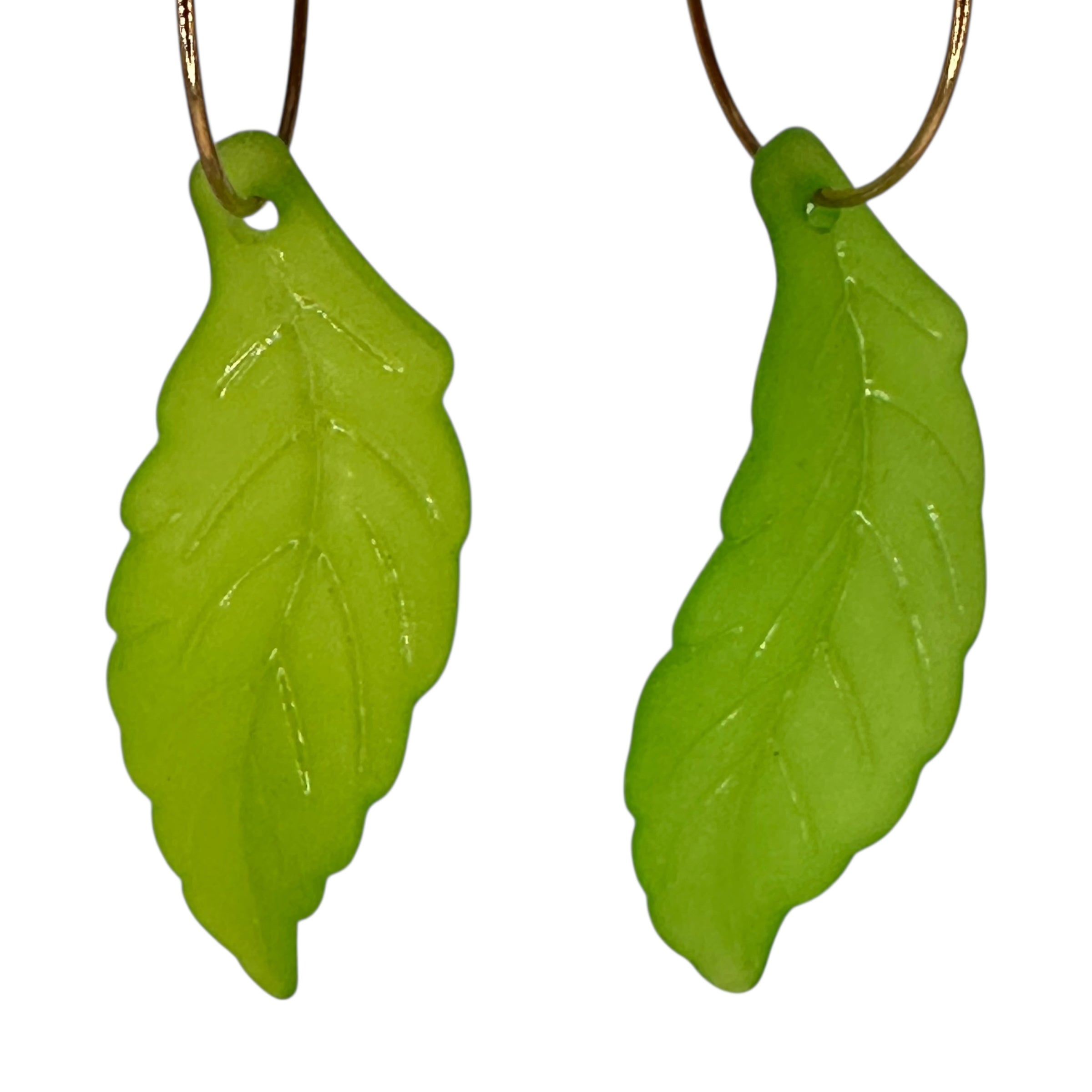 Long green leaf charm earrings — Rebel Aura handmade jewellery
