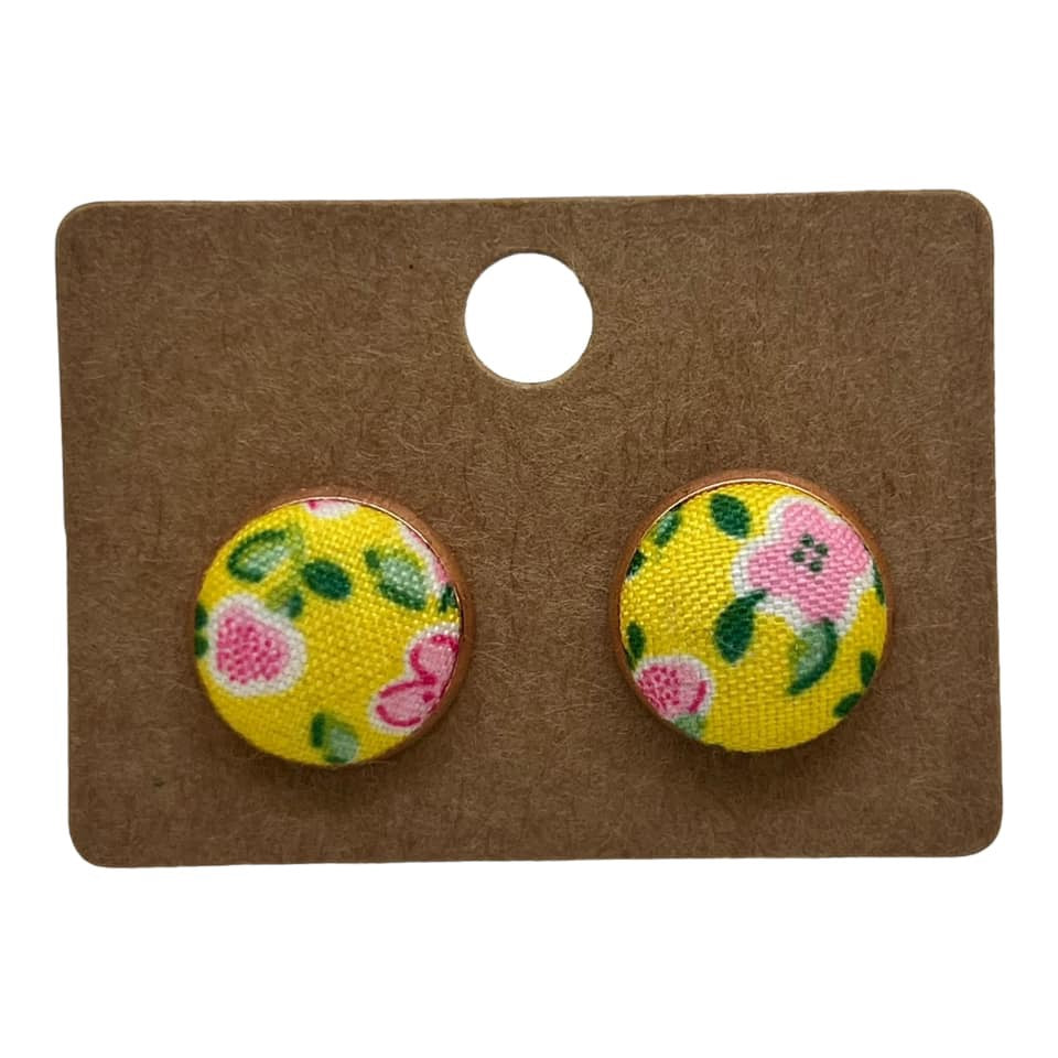 Yellow Floral Fabric Button Stud Earrings