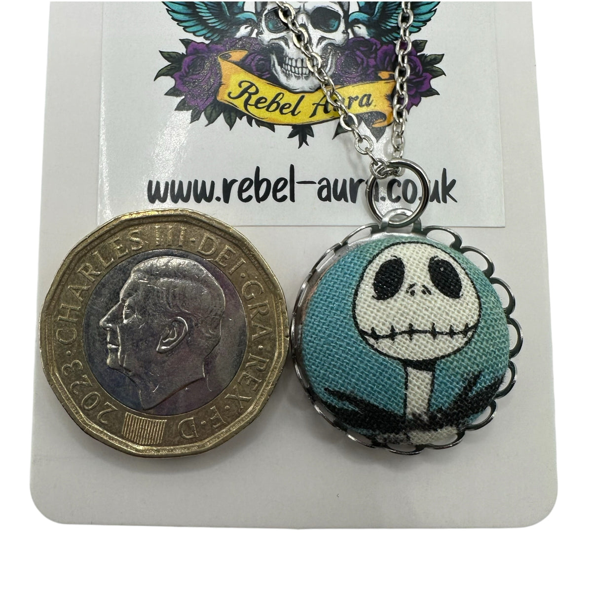 Jack Skellington pendant necklace, scalloped edge silver tone tray