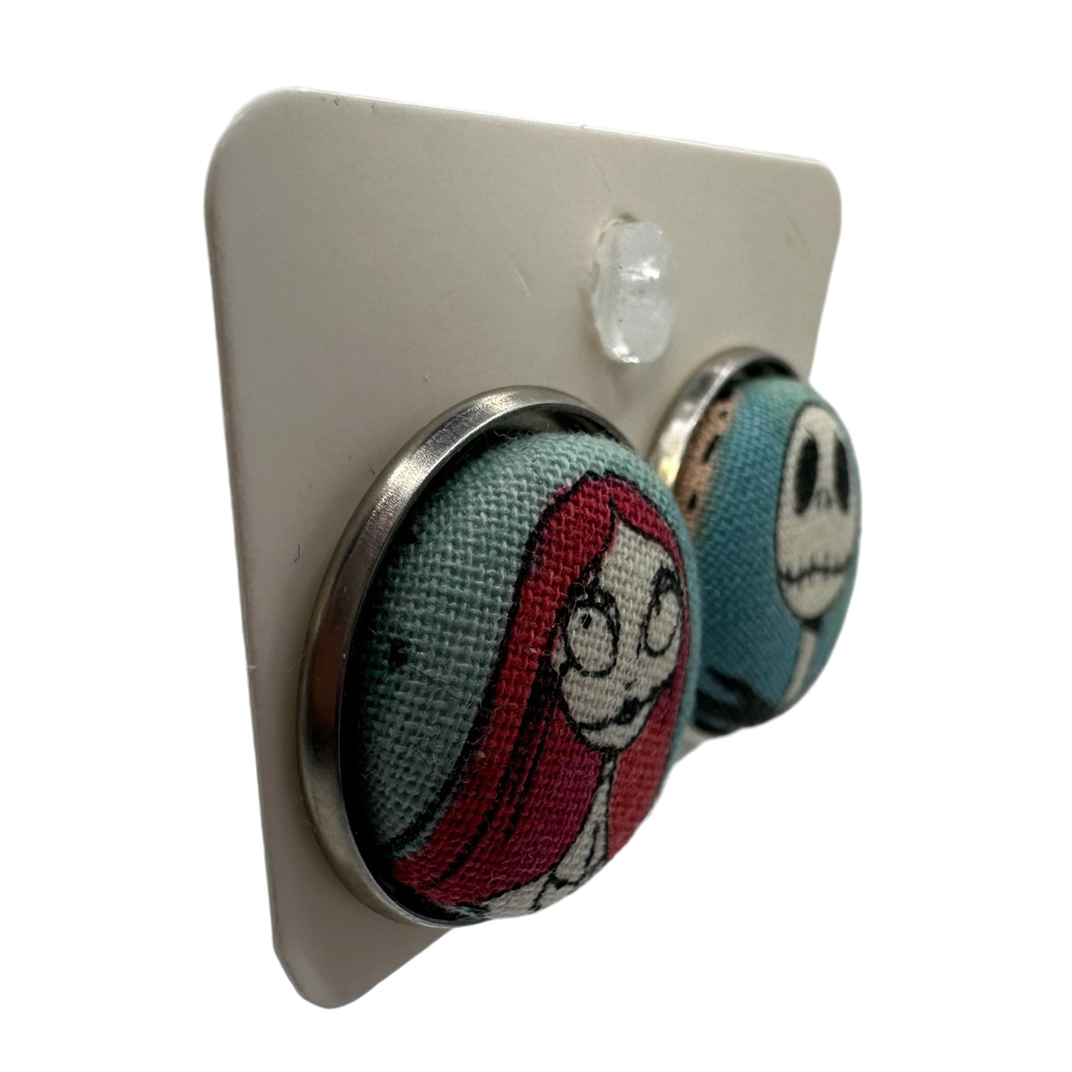 Nightmare Before Christmas Jack Skellington stud earrings, fabric button in silver tone tray
