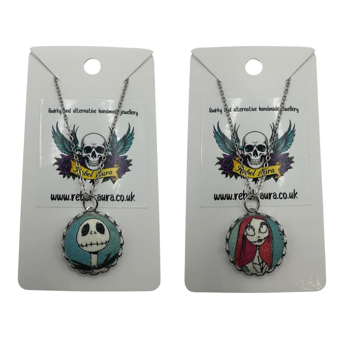Jack Skellington and Sally Nightmare Before Christmas fabric button necklaces, handmade UK jewellery