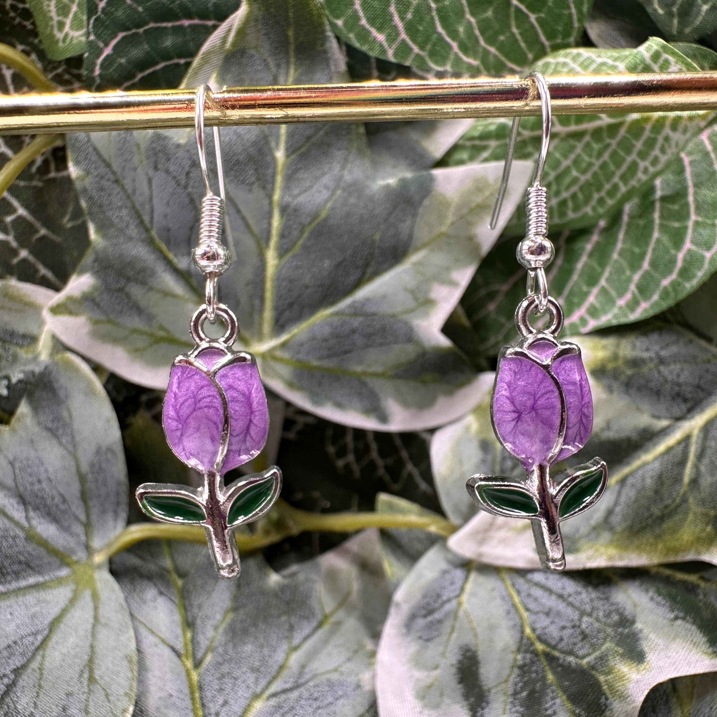 Purple & Silver Rose Charm Earrings