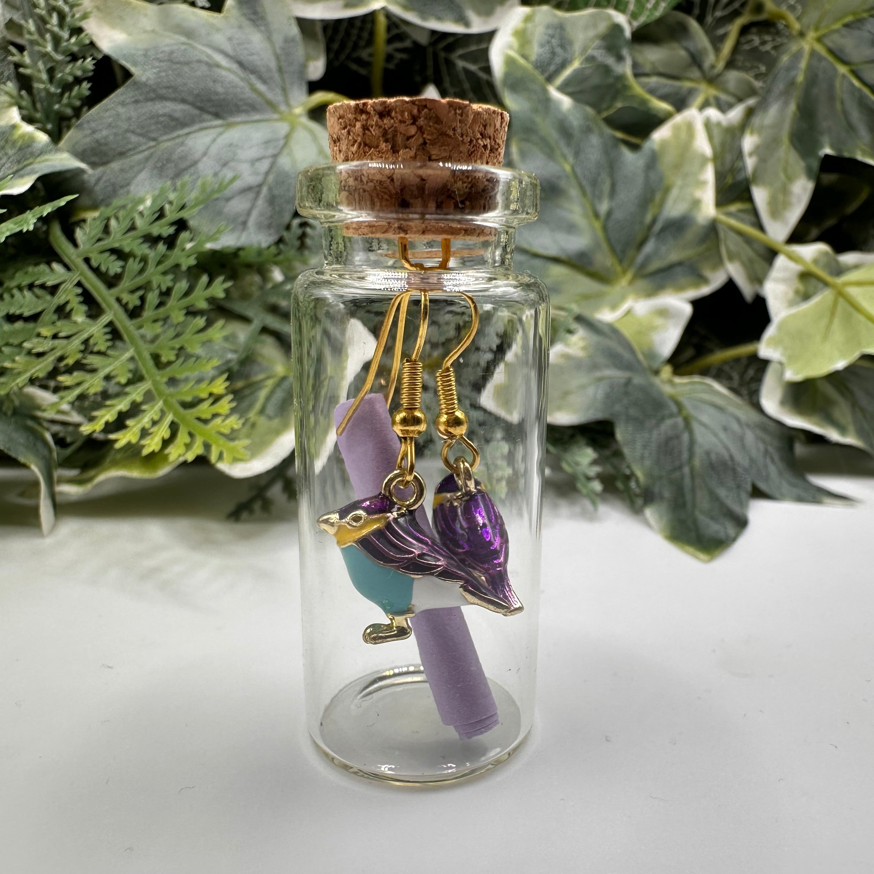 Purple Bird Bottled Charm Earrings - Gift Boxed