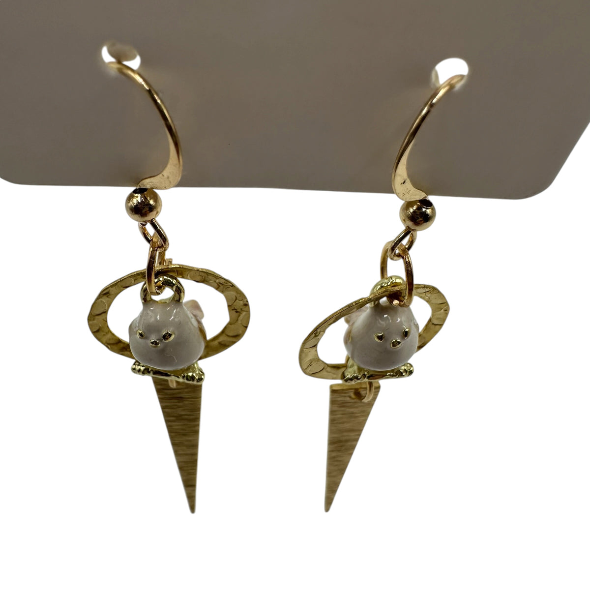 Garden Sentinel Pigeon Earrings – champagne gold-tone pigeon and dagger drop earrings