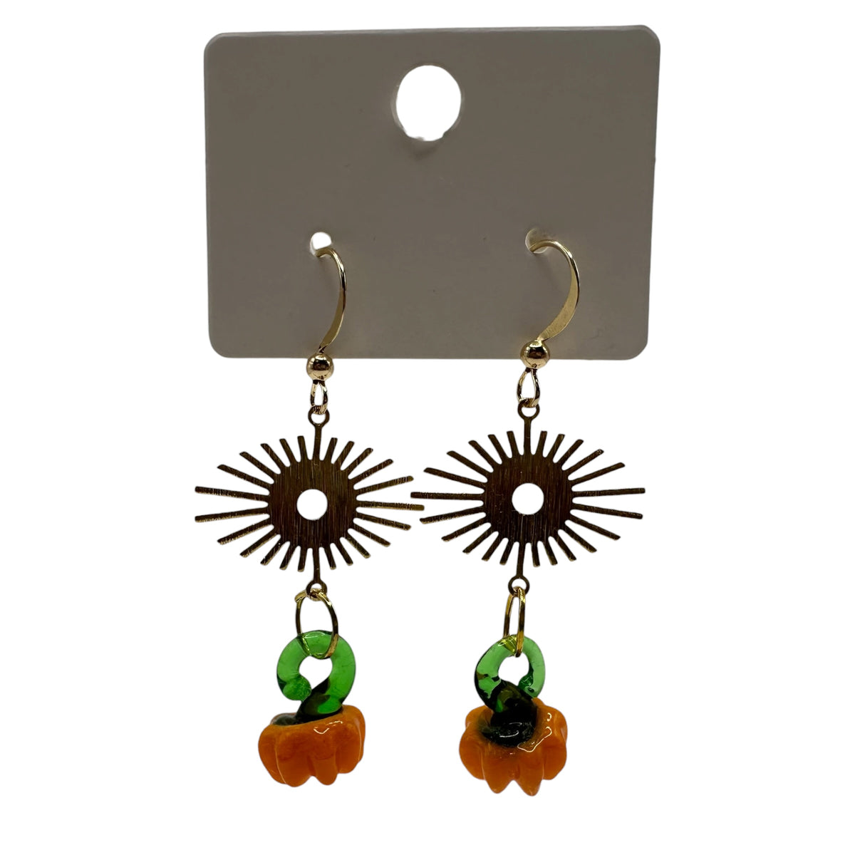 Sunlit Pumpkin Earrings – champagne gold-tone sunburst and carved glass pumpkin earrings