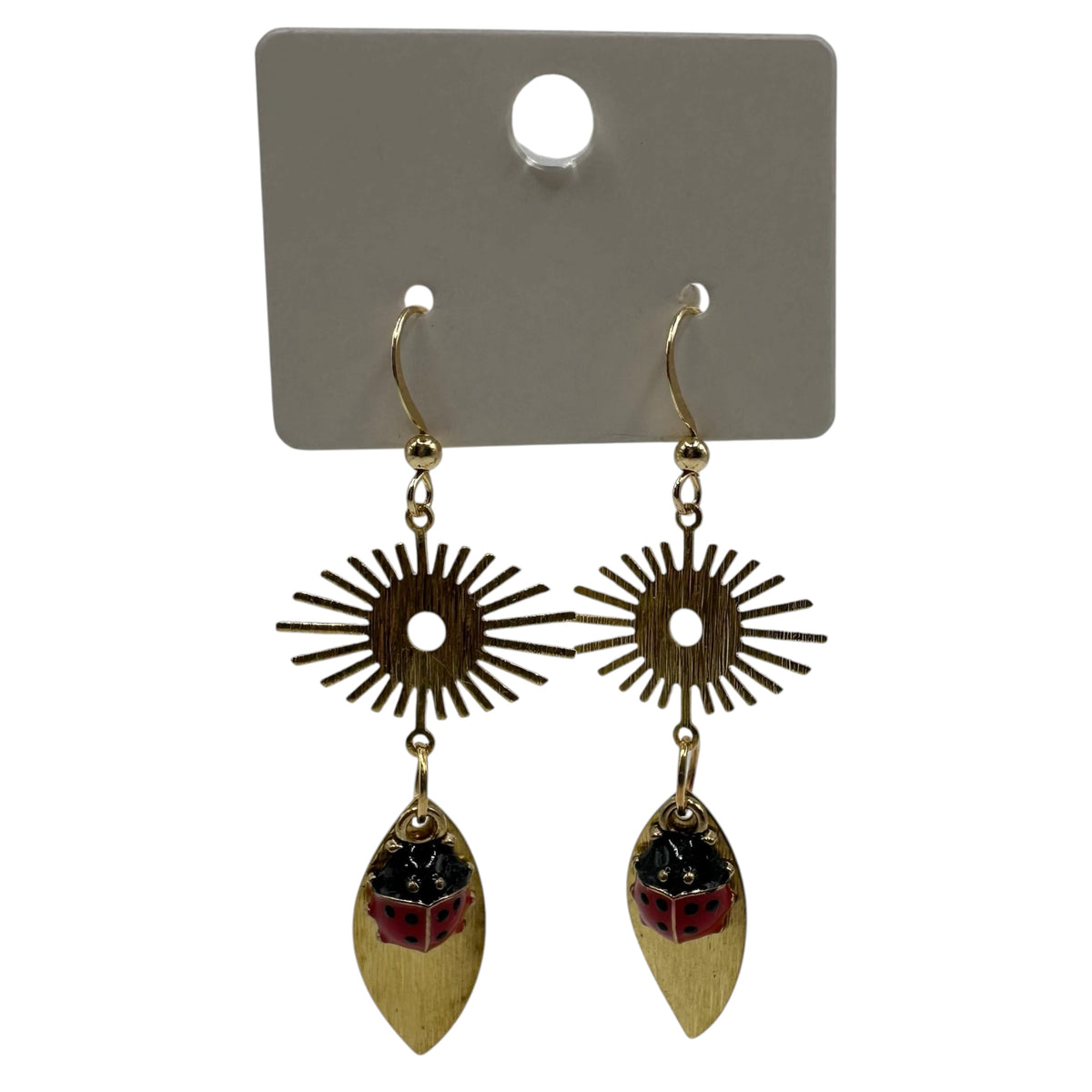 Ladybird's Garden Earrings – champagne gold-tone sunburst, leaf and ladybird earrings