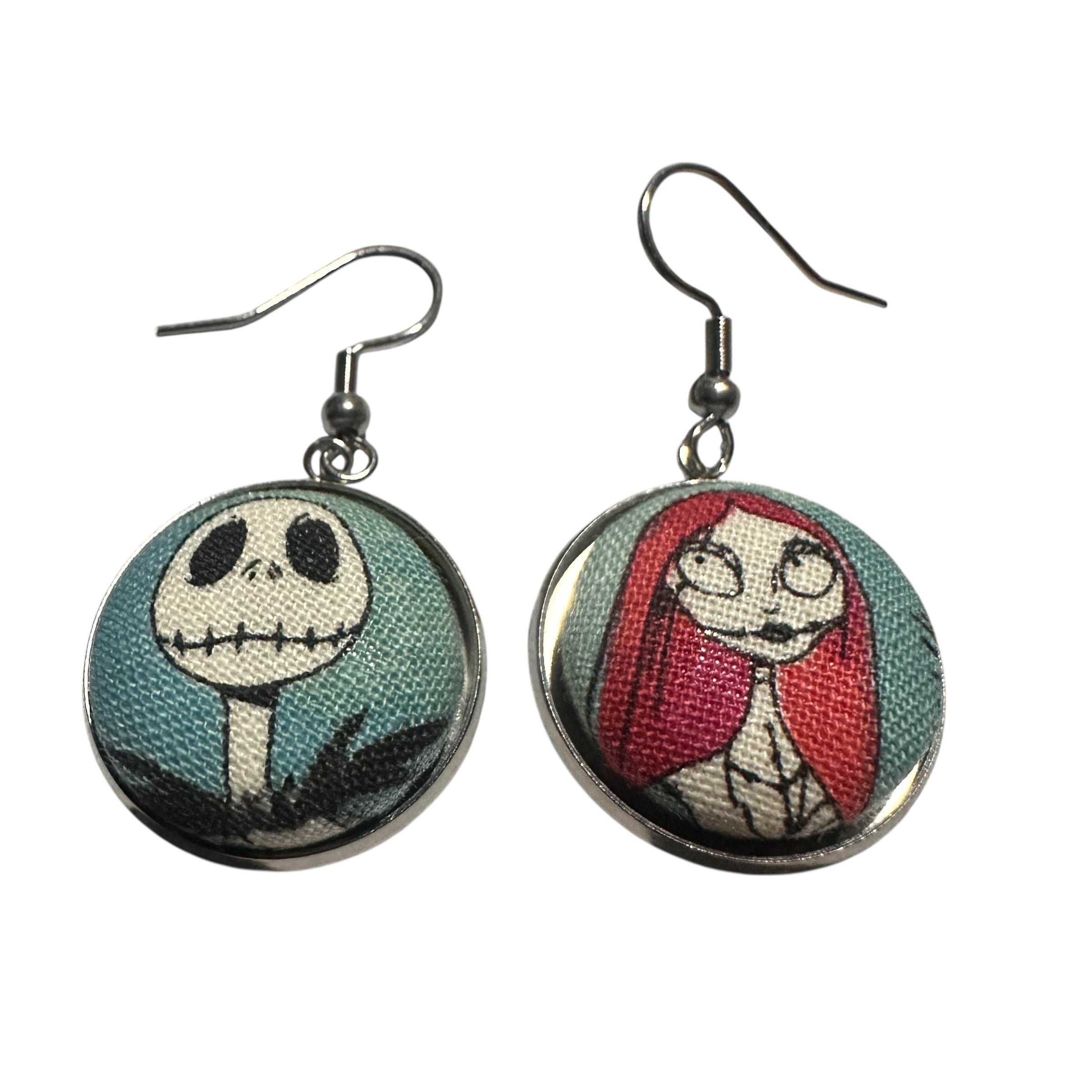 Jack & Sally Nightmare Before Christmas Small Dangly Button Earrings