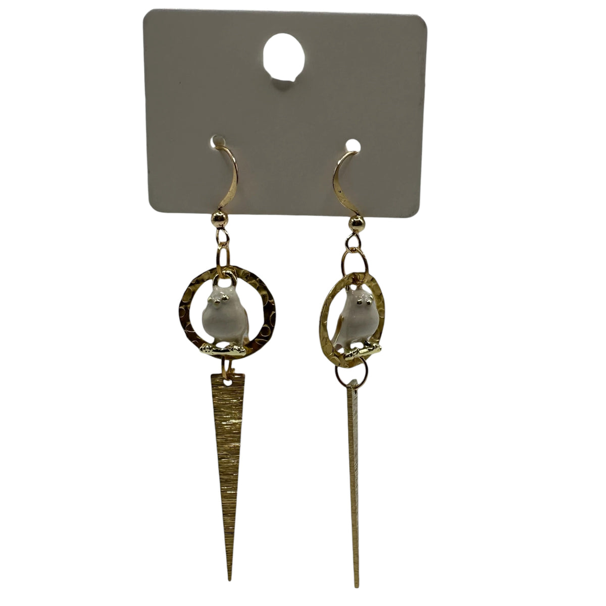 Garden Sentinel Pigeon Earrings – champagne gold-tone pigeon and dagger drop earrings
