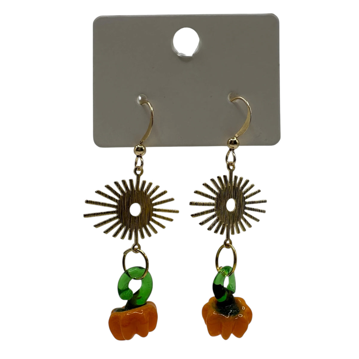 Sunlit Pumpkin Earrings – champagne gold-tone sunburst and carved glass pumpkin earrings