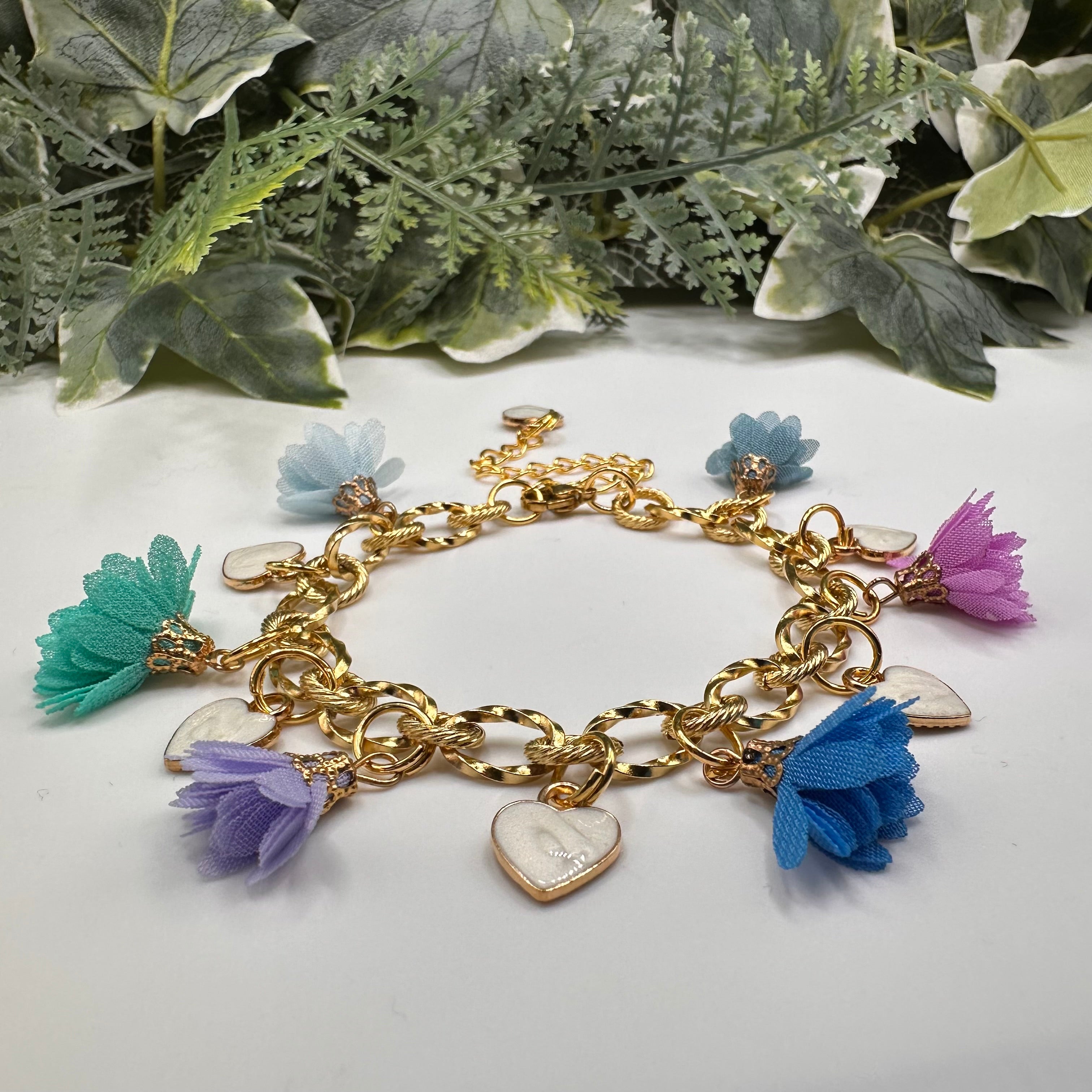 Hearts & Flowers Muted Pastel Charm Bracelet