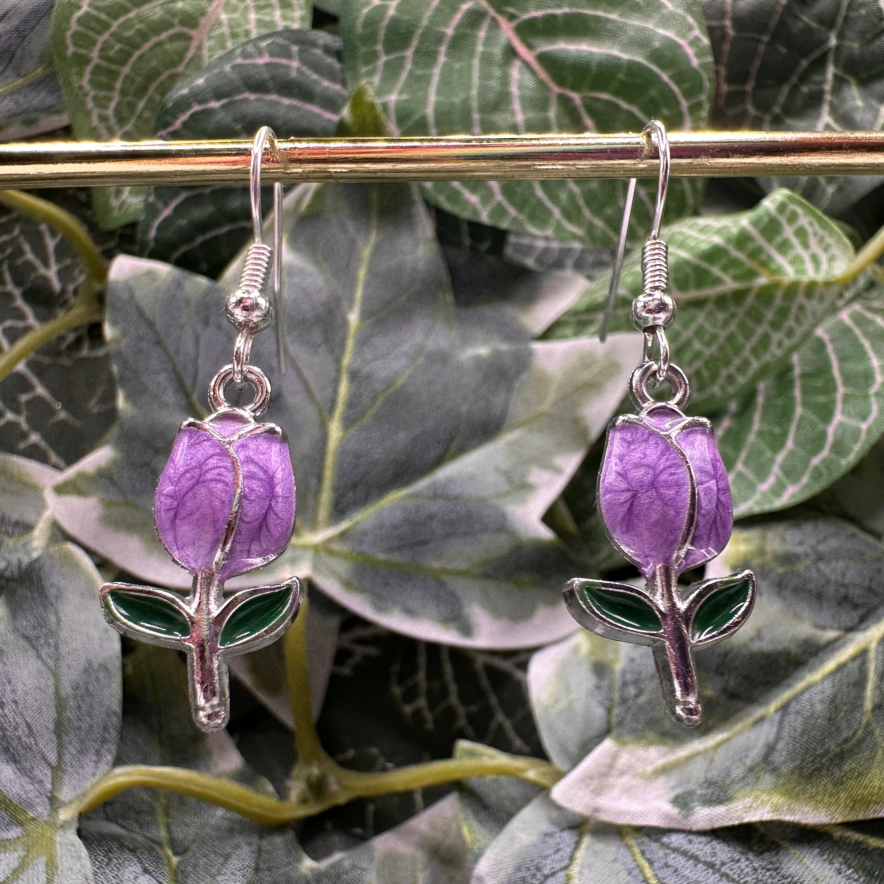 Purple & Silver Rose Charm Earrings