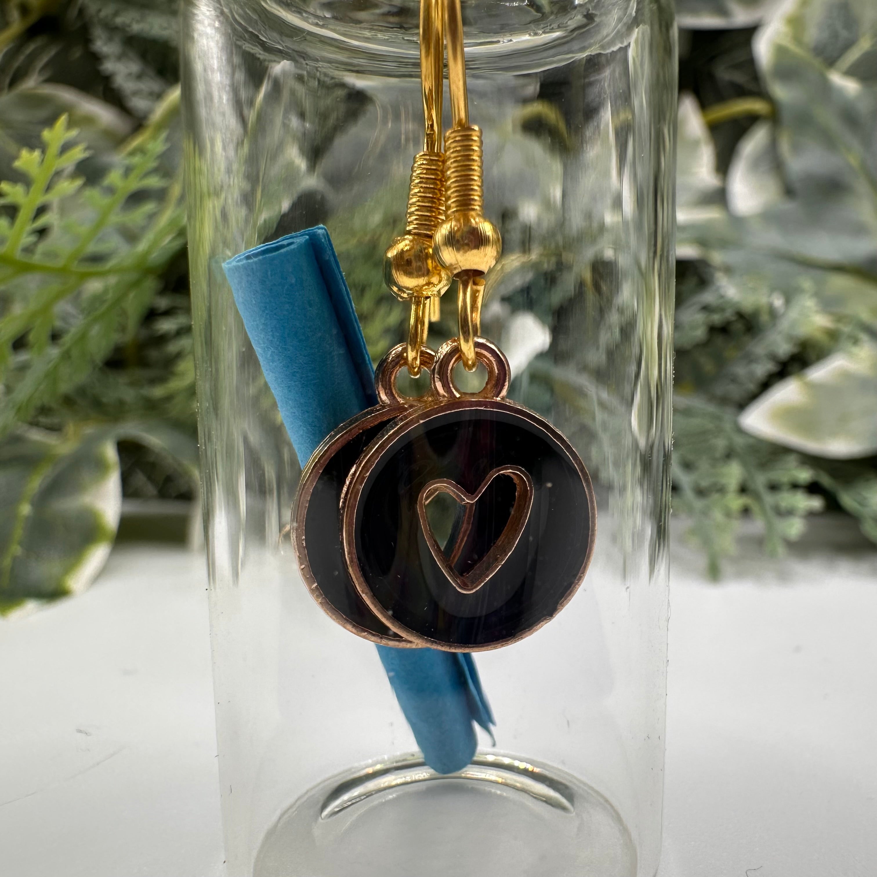 Black Heart Disc Bottled Charm Earrings - Gift Boxed
