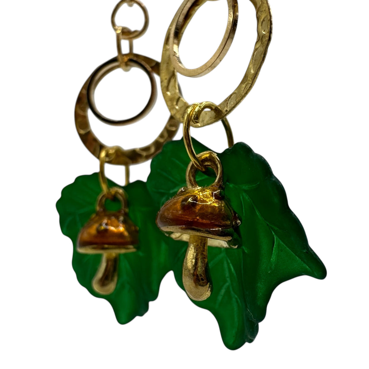 Enchanted Woodland Earrings – champagne gold-tone leaf and toadstool charm earrings