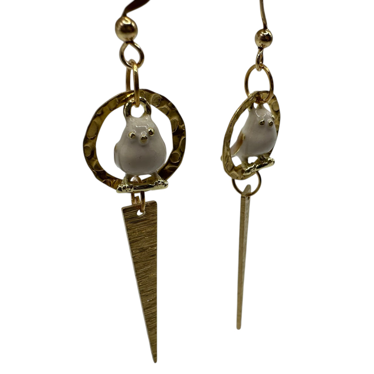Garden Sentinel Pigeon Earrings – champagne gold-tone pigeon and dagger drop earrings
