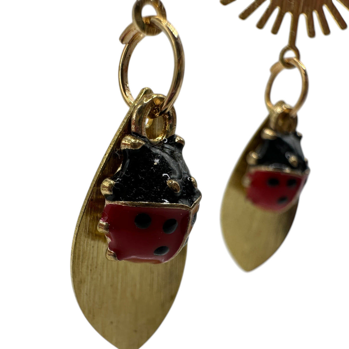 Ladybird's Garden Earrings – champagne gold-tone sunburst, leaf and ladybird earrings