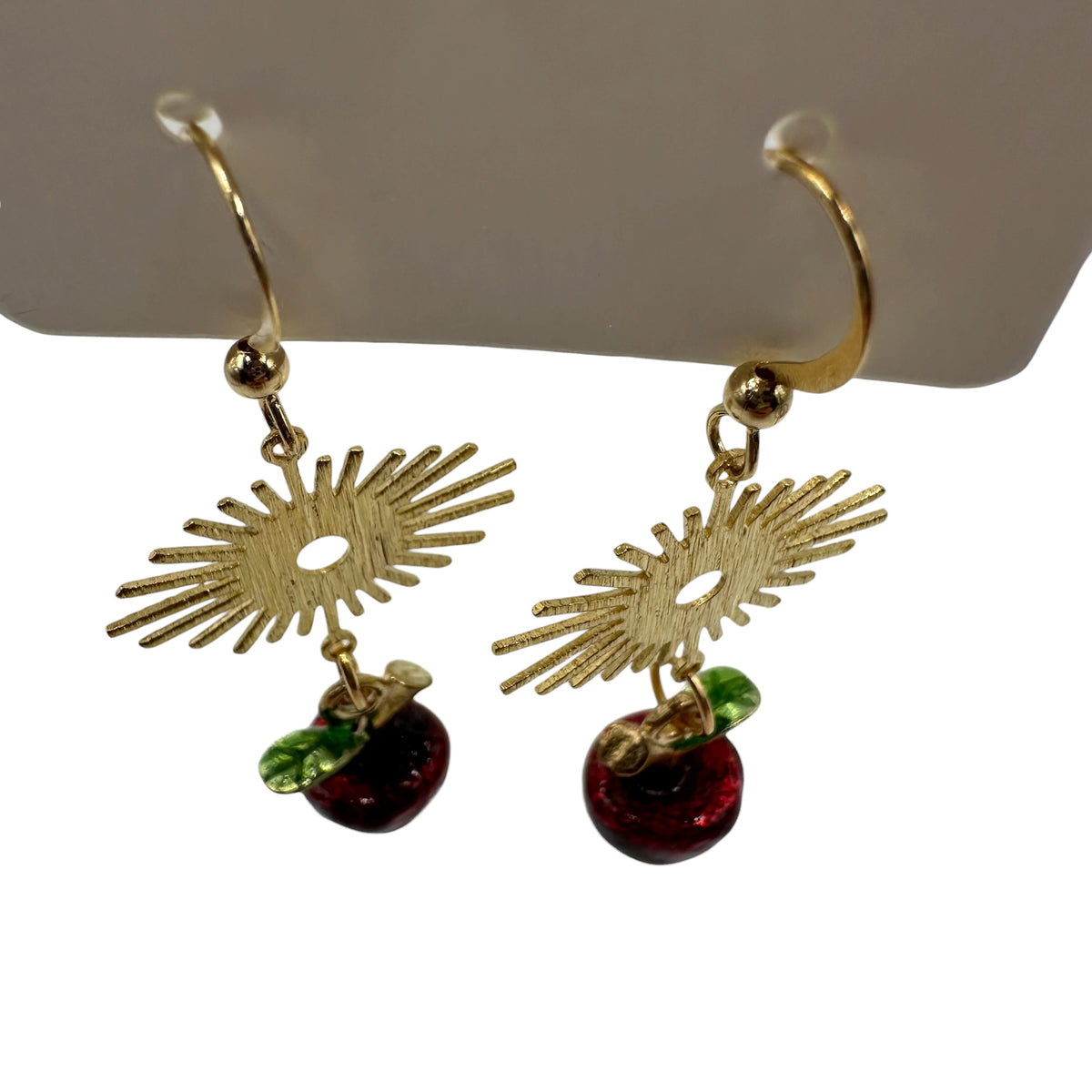 Apple Orchard Earrings – champagne gold-tone sunburst and apple charm earrings