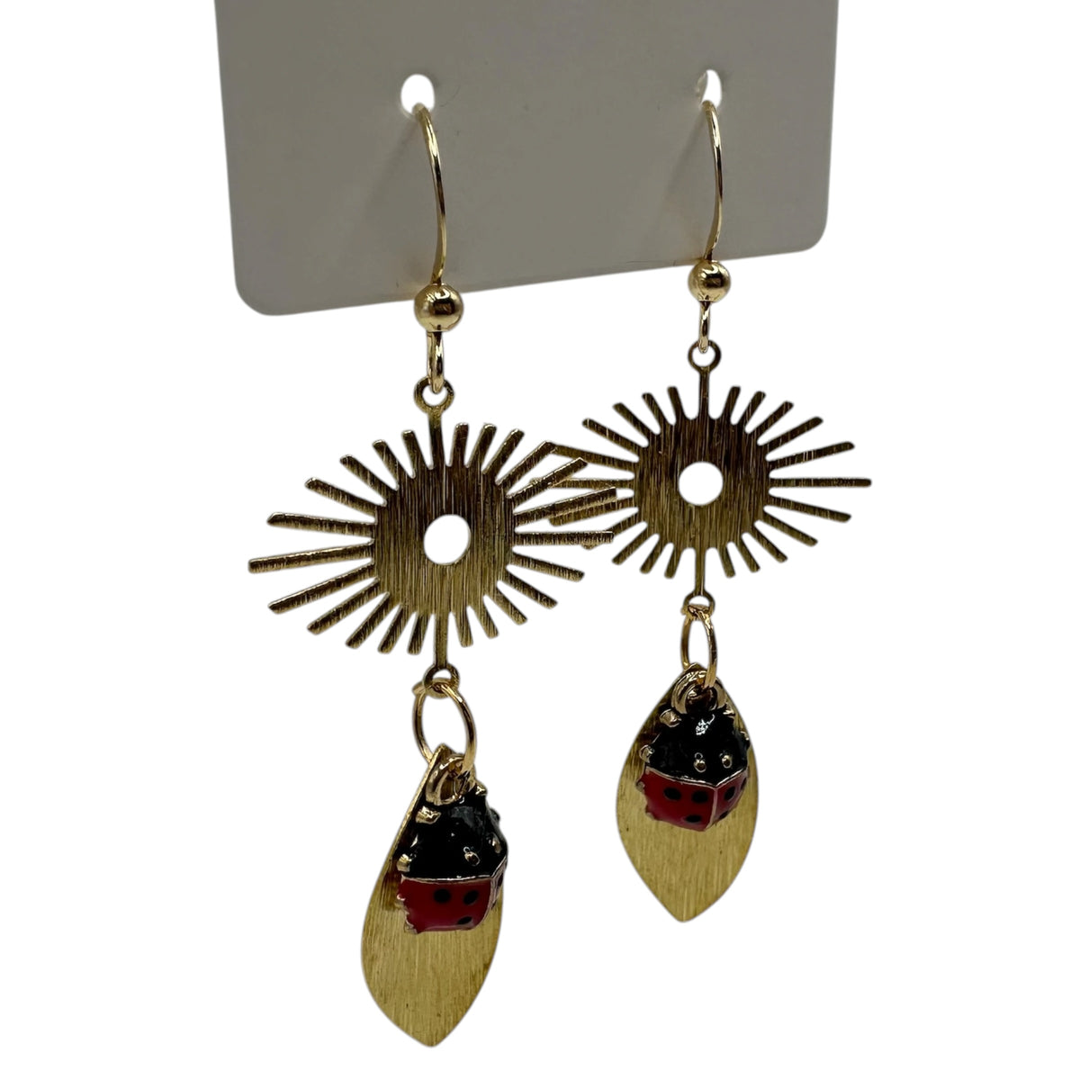 Ladybird's Garden Earrings – champagne gold-tone sunburst, leaf and ladybird earrings