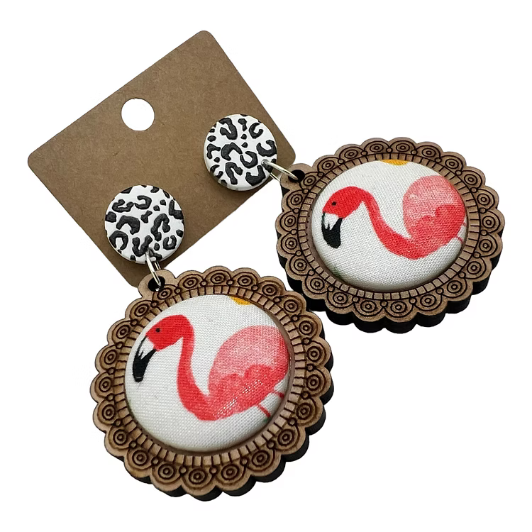 Flamingo Wood & Fabric Button Earrings