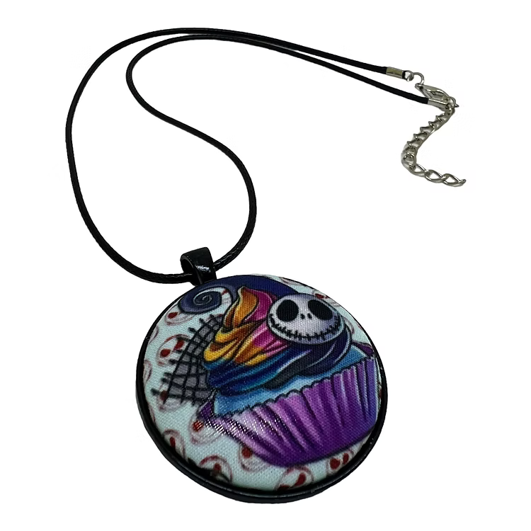 Cartoon Jack & Sally - Large Fabric Button Necklace