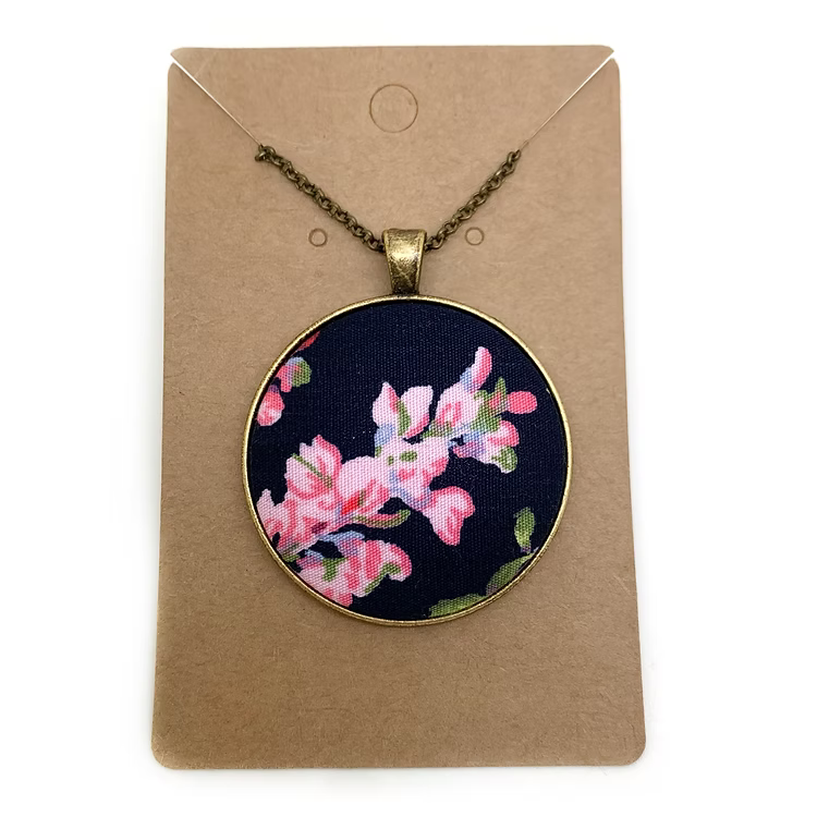 Navy Floral - Large Fabric Button Necklace