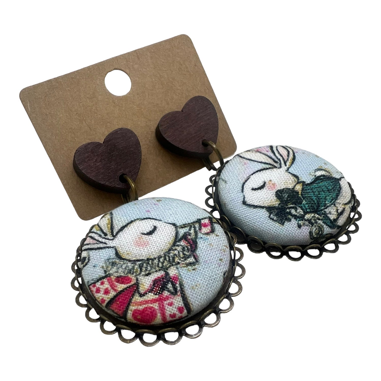 Wonderland White Rabbit Fabric Button Drop Earrings