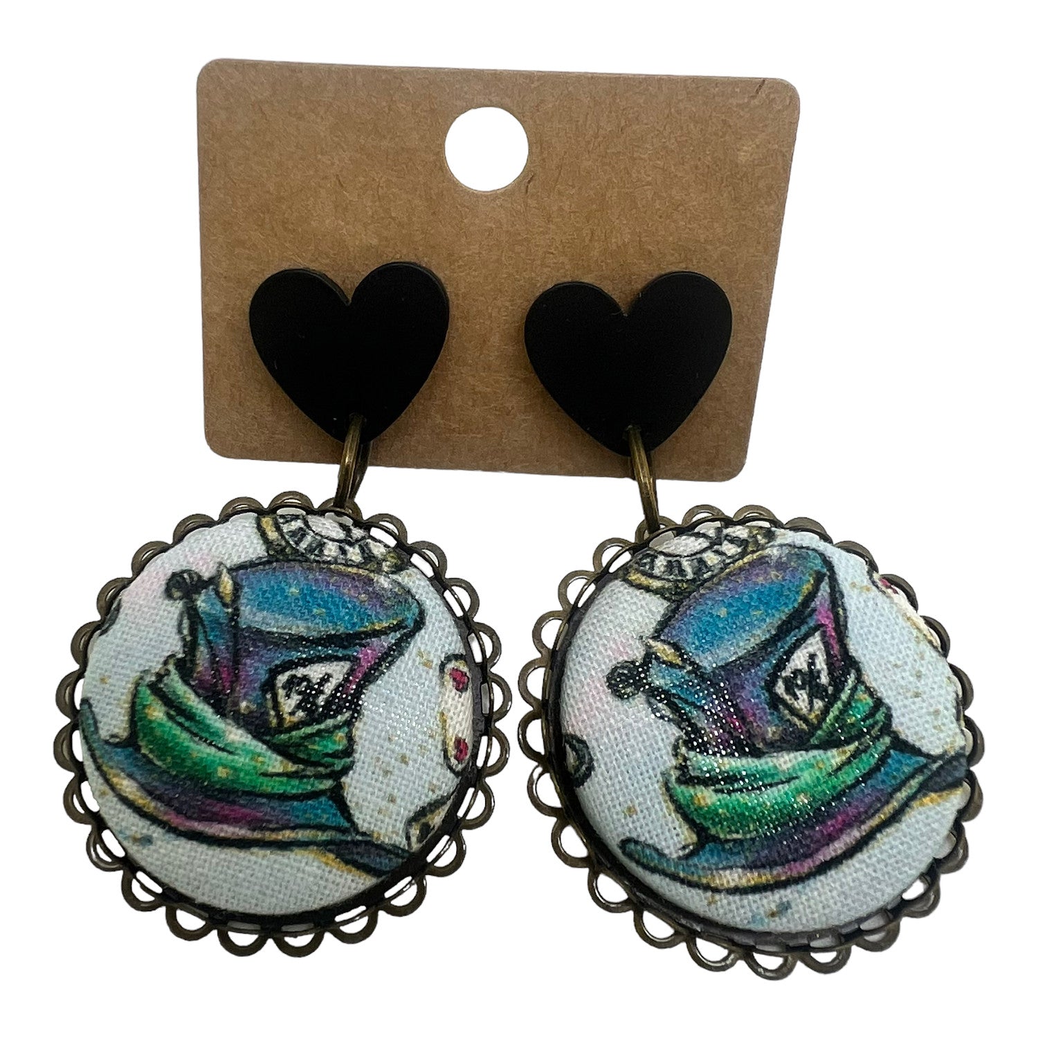Mad Hatter Fabric Button Drop Earrings