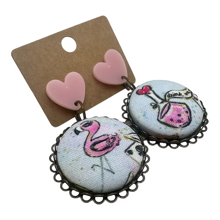 Wonderland Drink Me & Flamingo Mismatched Fabric Button Drop Earrings