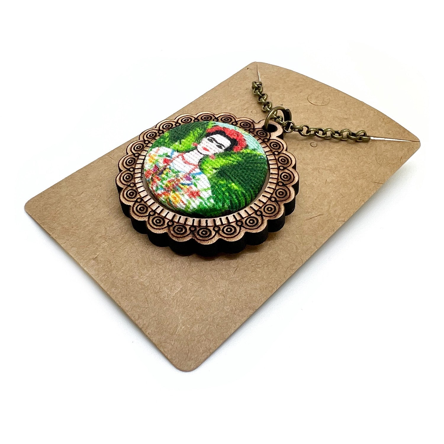 Frieda Kahlo Green Background - Wood Frame Necklace