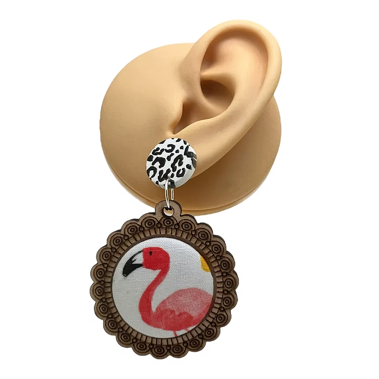 Flamingo Wood & Fabric Button Earrings