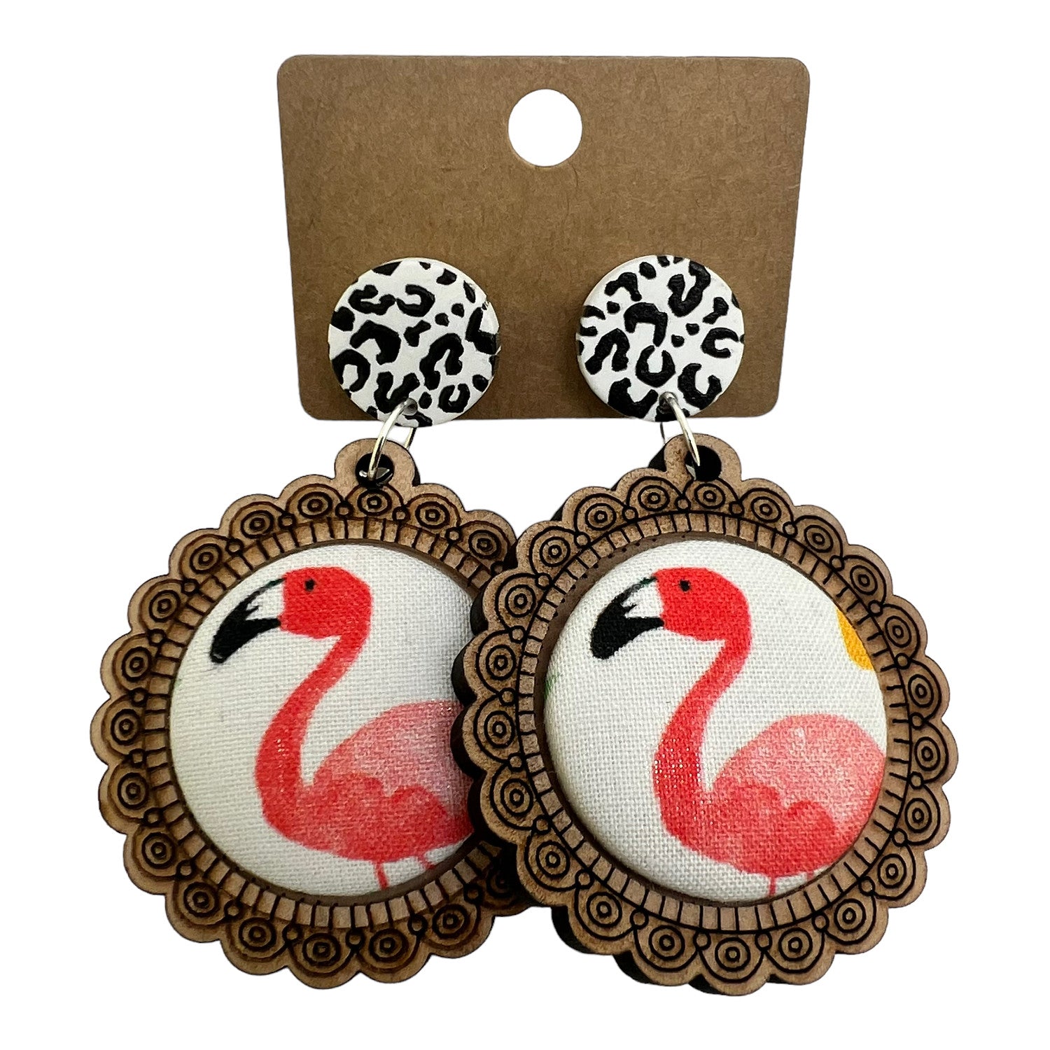 Flamingo Wood & Fabric Button Earrings