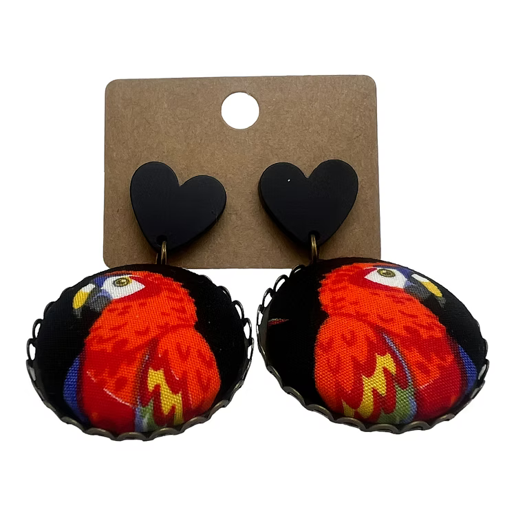 Red Parrots On Black - Fabric Button Drop Earrings