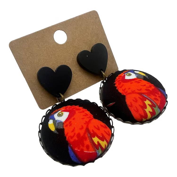 Red Parrots On Black - Fabric Button Drop Earrings