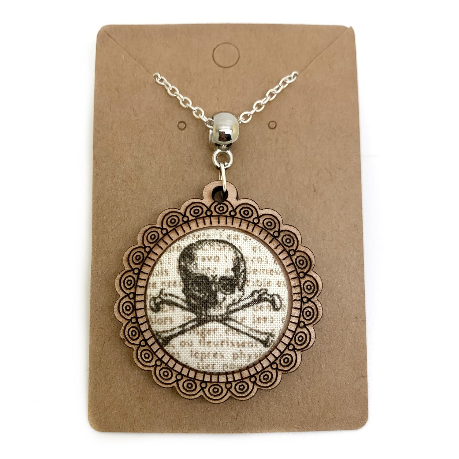 Apothecary Skull Script - Wood Frame Necklace