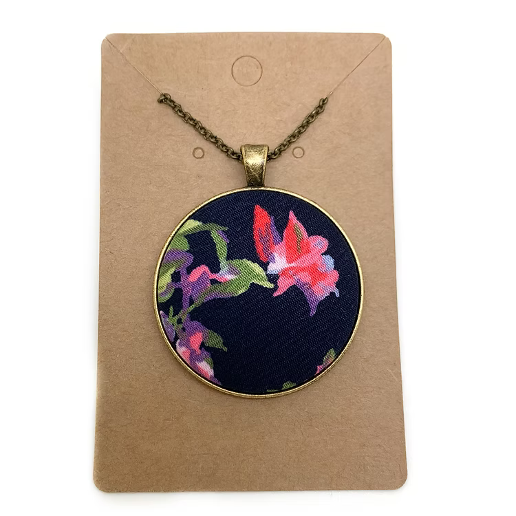 Navy Floral - Large Fabric Button Necklace