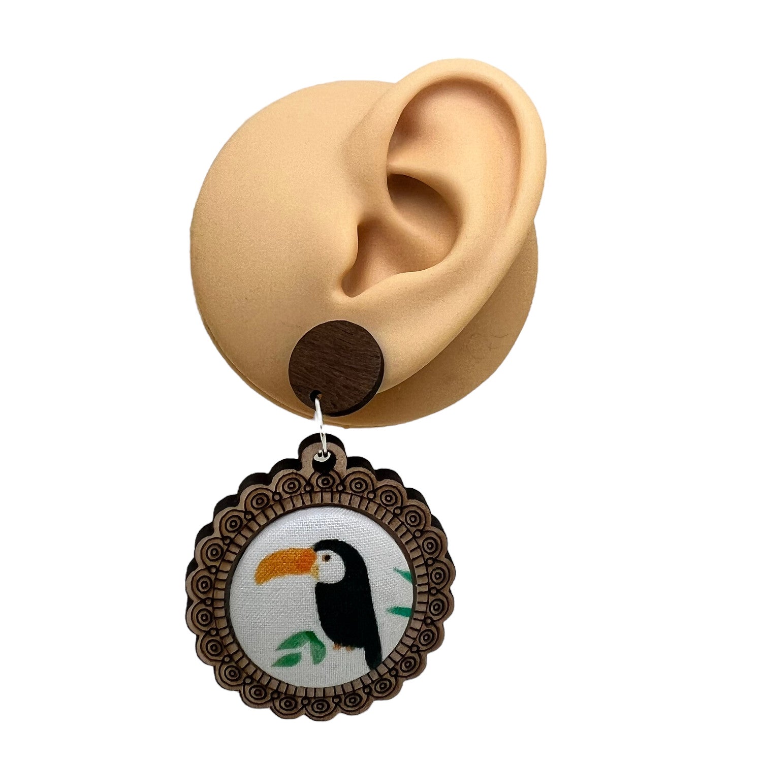 Toucan Wood & Fabric Button Earrings