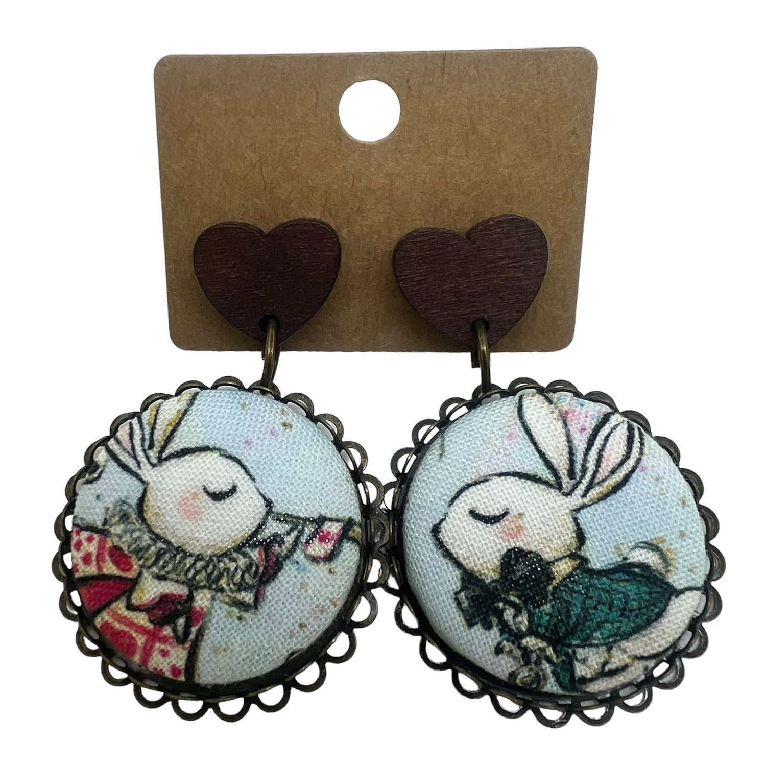 Wonderland White Rabbit Fabric Button Drop Earrings