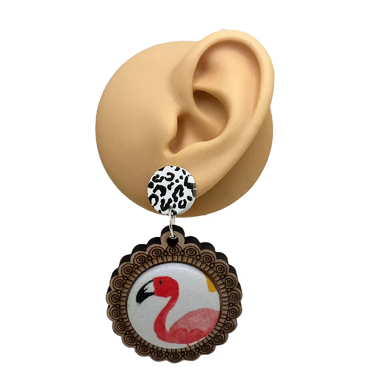 Flamingo Wood & Fabric Button Earrings