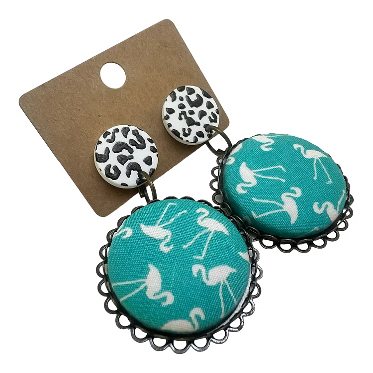 Teal Flamingo Print Fabric Button Drop Earrings