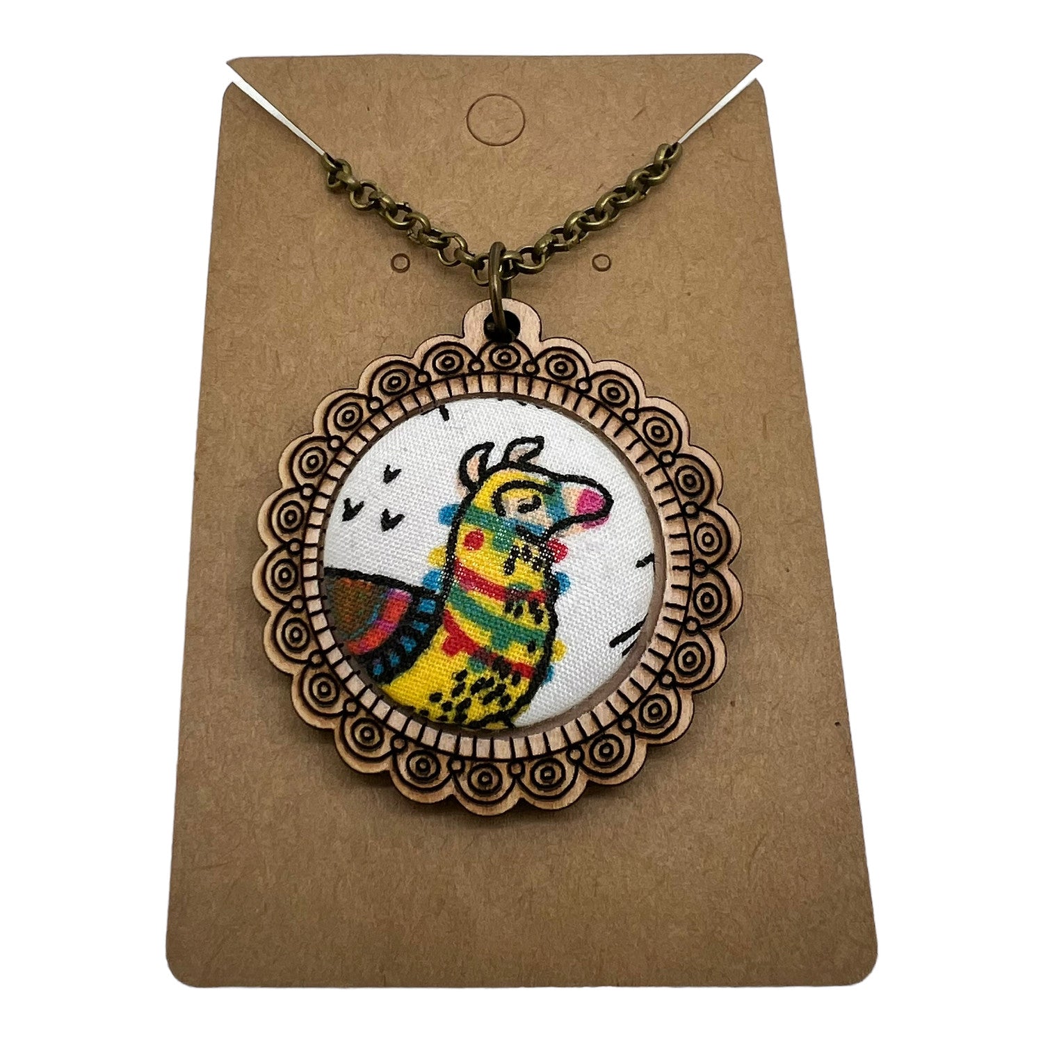 Yellow Llama - Wood Frame Necklace