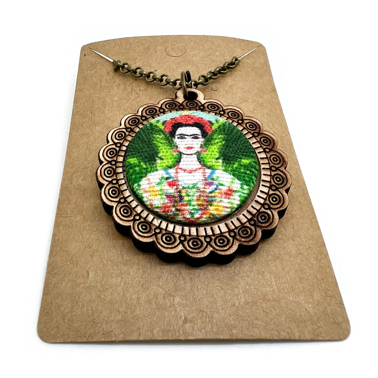 Frieda Kahlo Green Background - Wood Frame Necklace