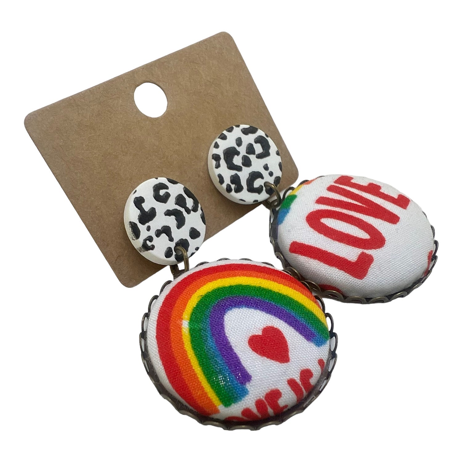 Rainbow Pride Love Fabric Button Drop Earrings
