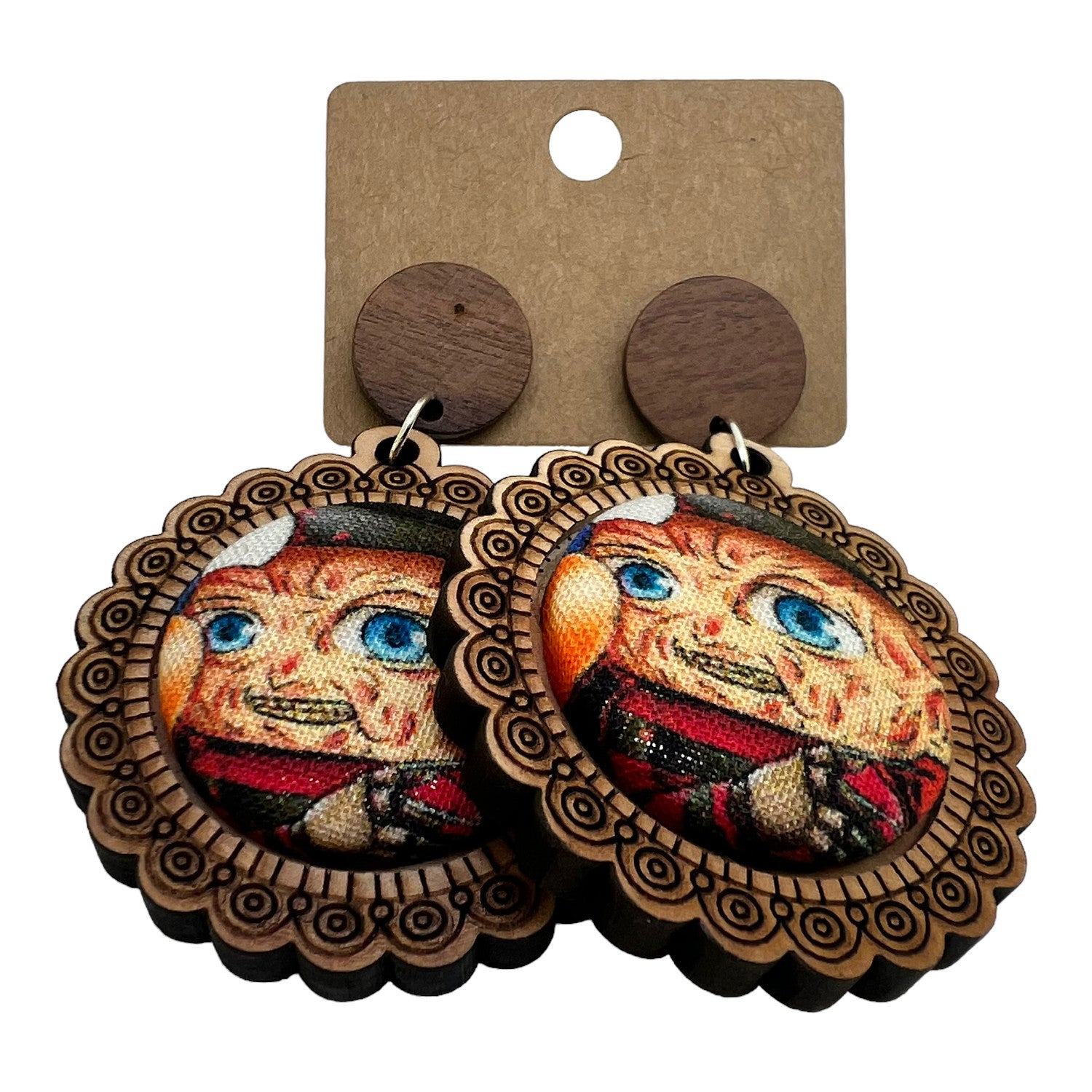 Freddy Krueger Horror Wood & Fabric Button Earrings